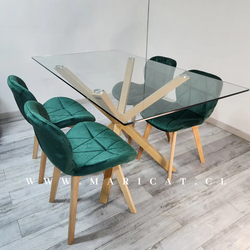 Mesa Rectangular cross chile virdrio + 4 Silla Mariposa velvet aacolchada- Comedor 140cm 2