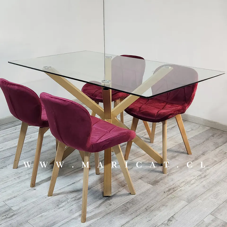 Mesa Rectangular cross chile virdrio + 4 Silla Mariposa velvet aacolchada- Comedor 140cm 3