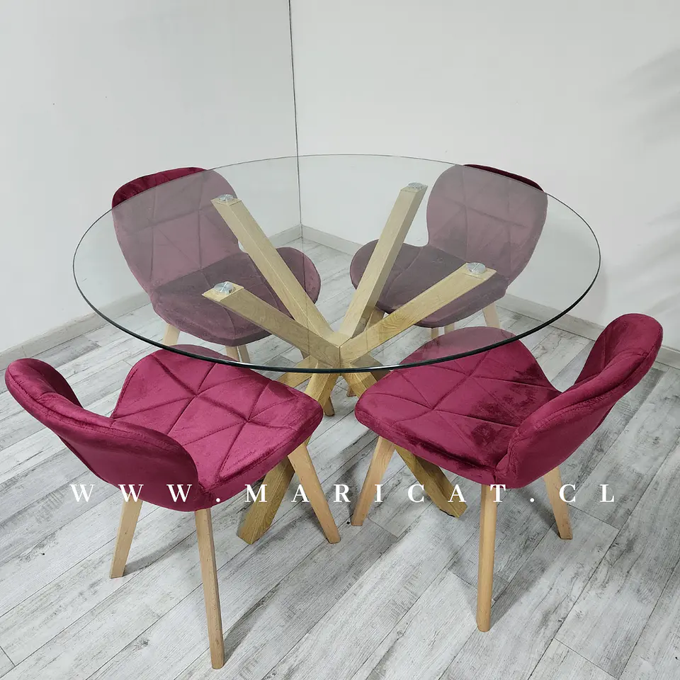 Mesa redonda cross Madrid + 4 sillas mariposa acolchada velvet- comedor  4