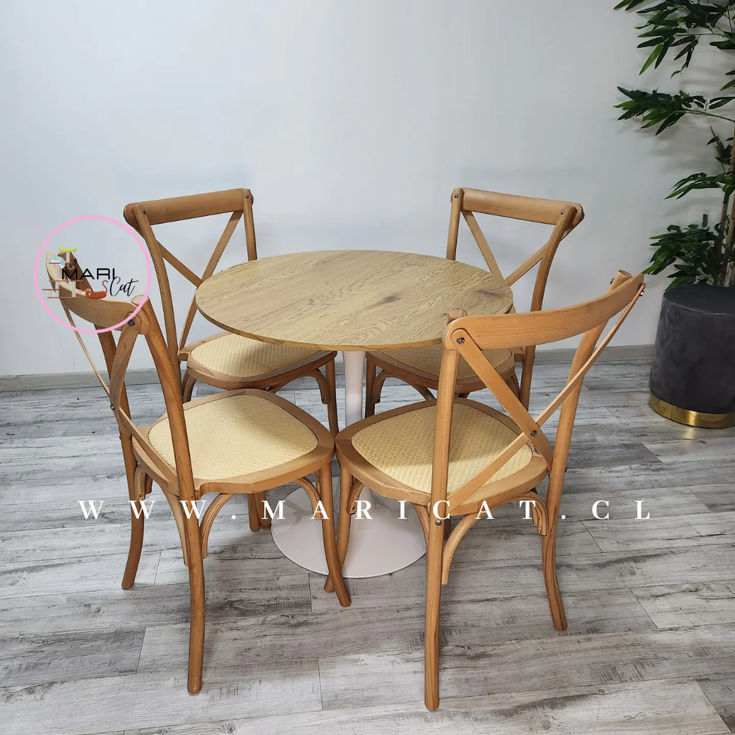 Comedor Redondo Mesa Tulip Wood Melamina + 4 Sillas Crossback Madera Ratán  2