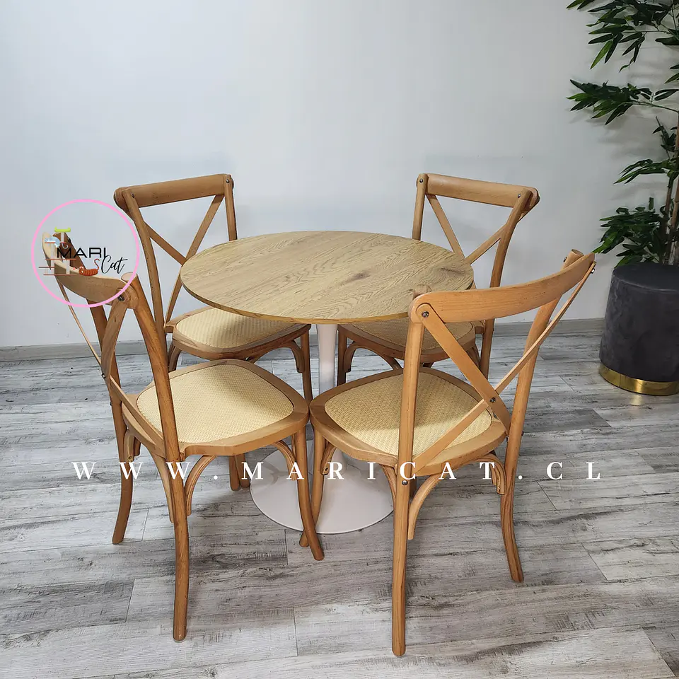 Comedor Redondo Mesa Tulip Wood Melamina + 4 Sillas Crossback Madera Ratán  2