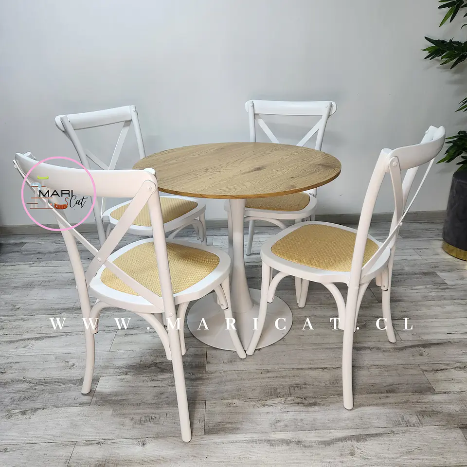 Comedor Redondo Mesa Tulip Wood Melamina + 4 Sillas Crossback Madera Ratán  1