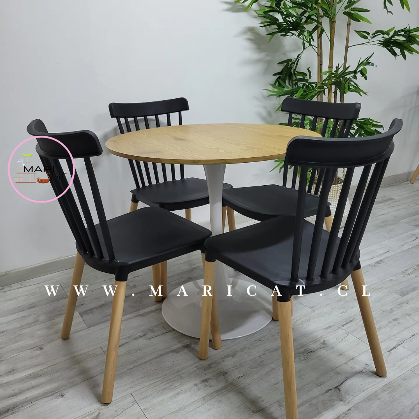 Comedor Redondo Mesa Tulip Wood Melamina + 4 Sillas Windsor 1