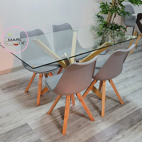 Mesa vidrio Rectangular Madrid Warwick + Sillas Tulip Nordic con cojin 