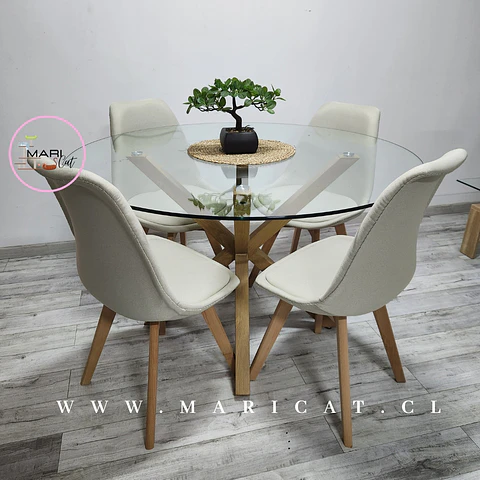 Comedor Redondo Madera 4 Sillas Tulip Lino – Mesa 100cm