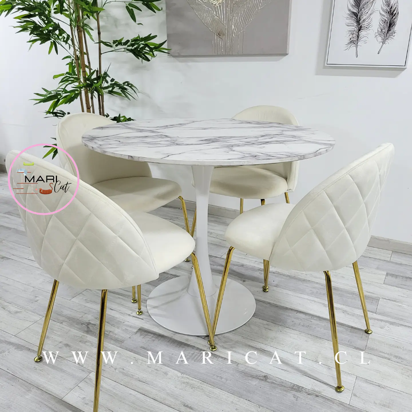 Comedor Redondo Mesa Tulip White Melamina 100 cm + 4 Sillas Velvet Blanco Hueso– Mesa 100cm + Silla Velvet  3