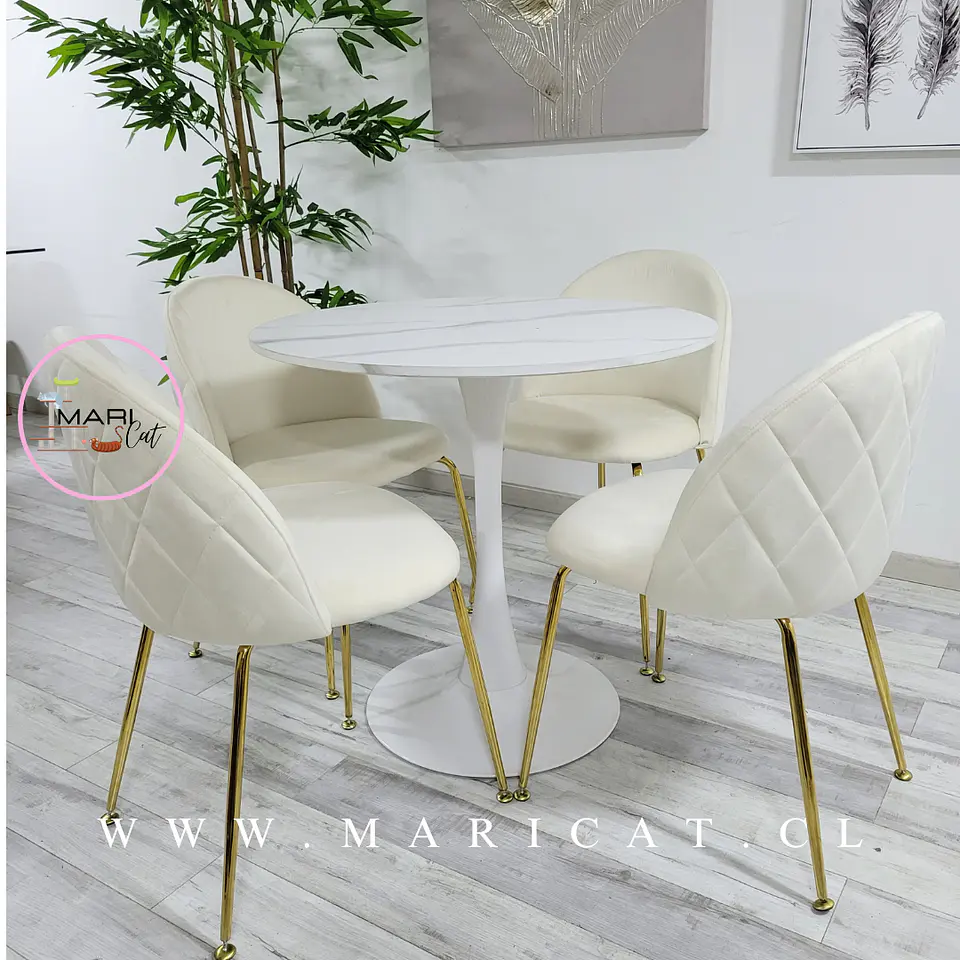 Comedor Redondo Mesa Tulip White Melamina 100 cm + 4 Sillas Velvet Blanco Hueso– Mesa 100cm + Silla Velvet  2