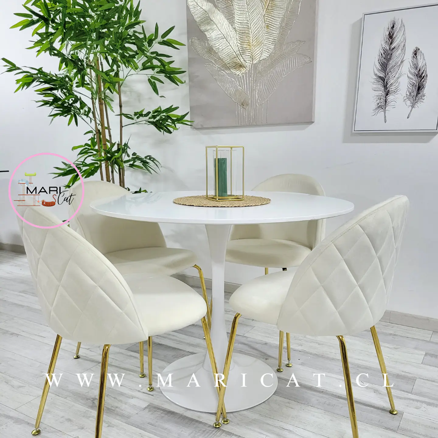 Comedor Redondo Mesa Tulip White Melamina 100 cm + 4 Sillas Velvet Blanco Hueso– Mesa 100cm + Silla Velvet  1