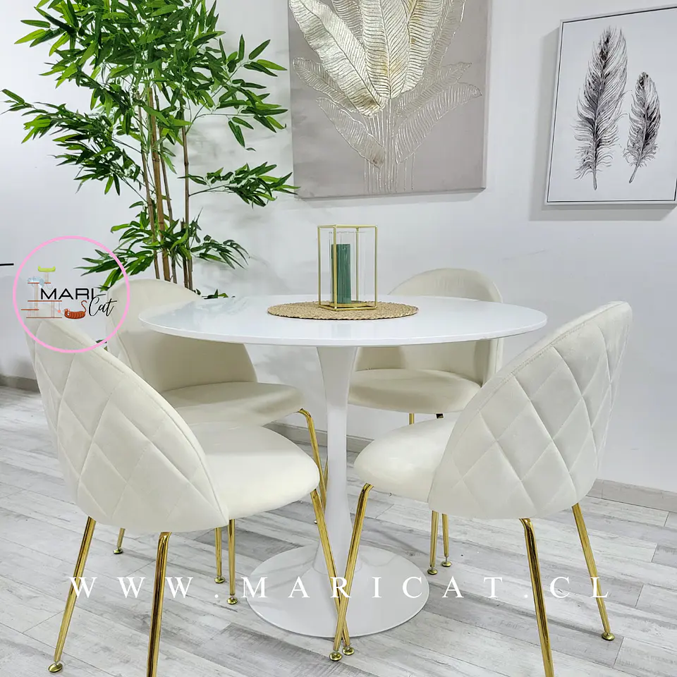 Comedor Redondo Mesa Tulip White Melamina 100 cm + 4 Sillas Velvet Blanco Hueso– Mesa 100cm + Silla Velvet  1