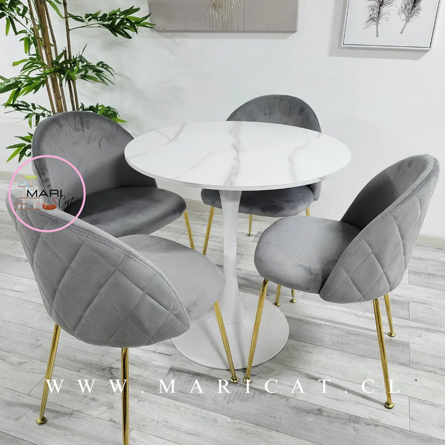 Comedor Redondo Mesa Tulip White Melamina 100cm + 4 Sillas Velvet Gris 1