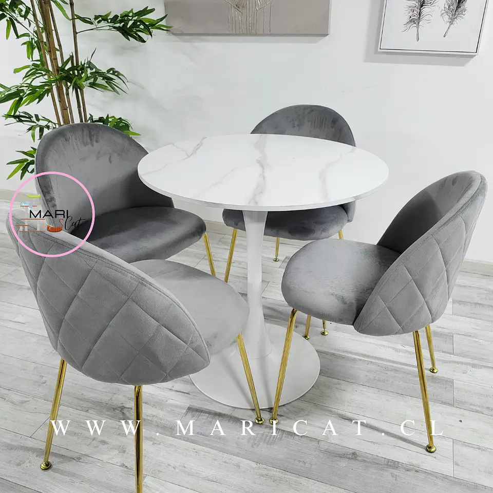 Comedor Redondo Mesa Tulip White Melamina 100cm + 4 Sillas Velvet Gris 1