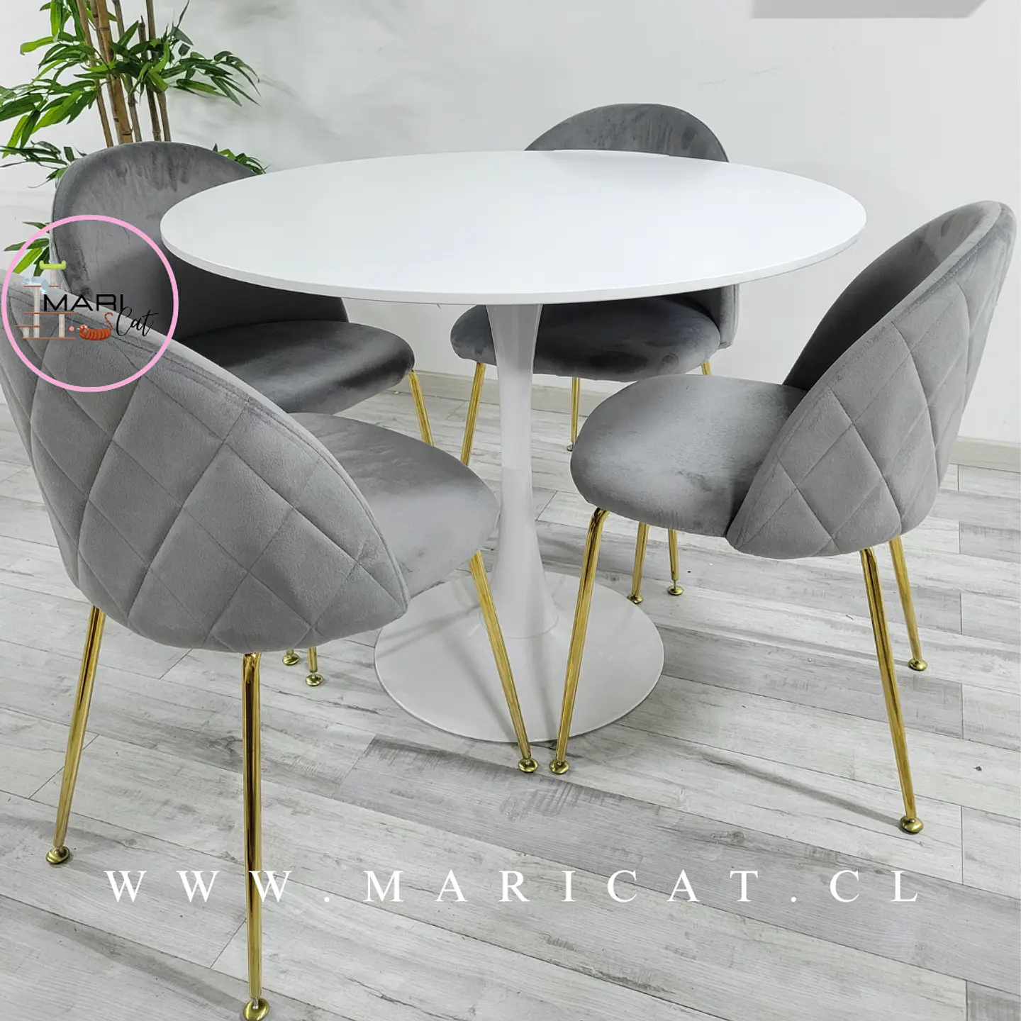 Comedor Redondo Mesa Tulip White Melamina 100cm + 4 Sillas Velvet Gris 3