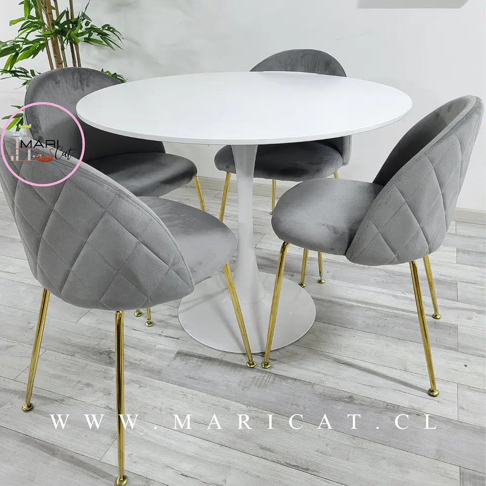 Comedor Redondo Mesa Tulip White Melamina 100cm + 4 Sillas Velvet Gris 3