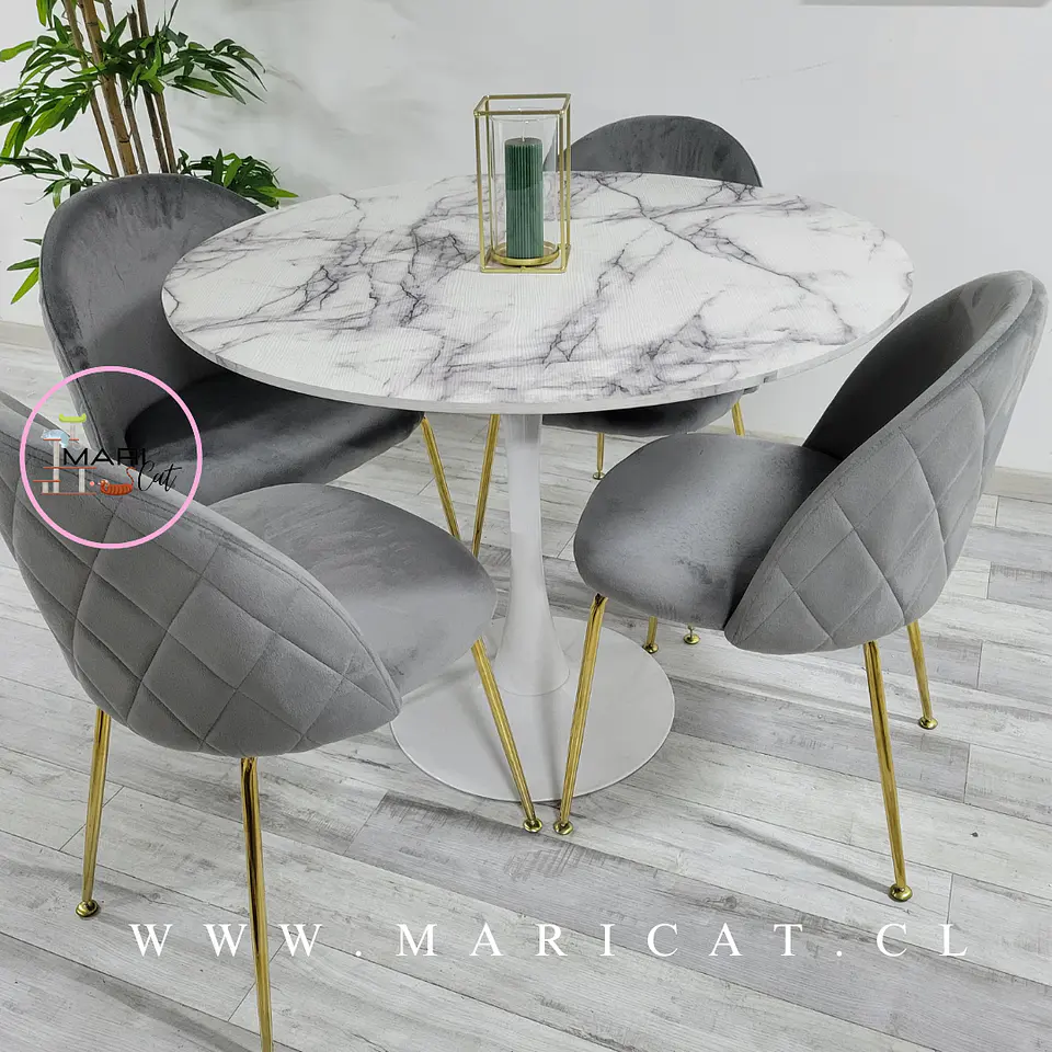 Comedor Redondo Mesa Tulip White Melamina 100cm + 4 Sillas Velvet Gris 2