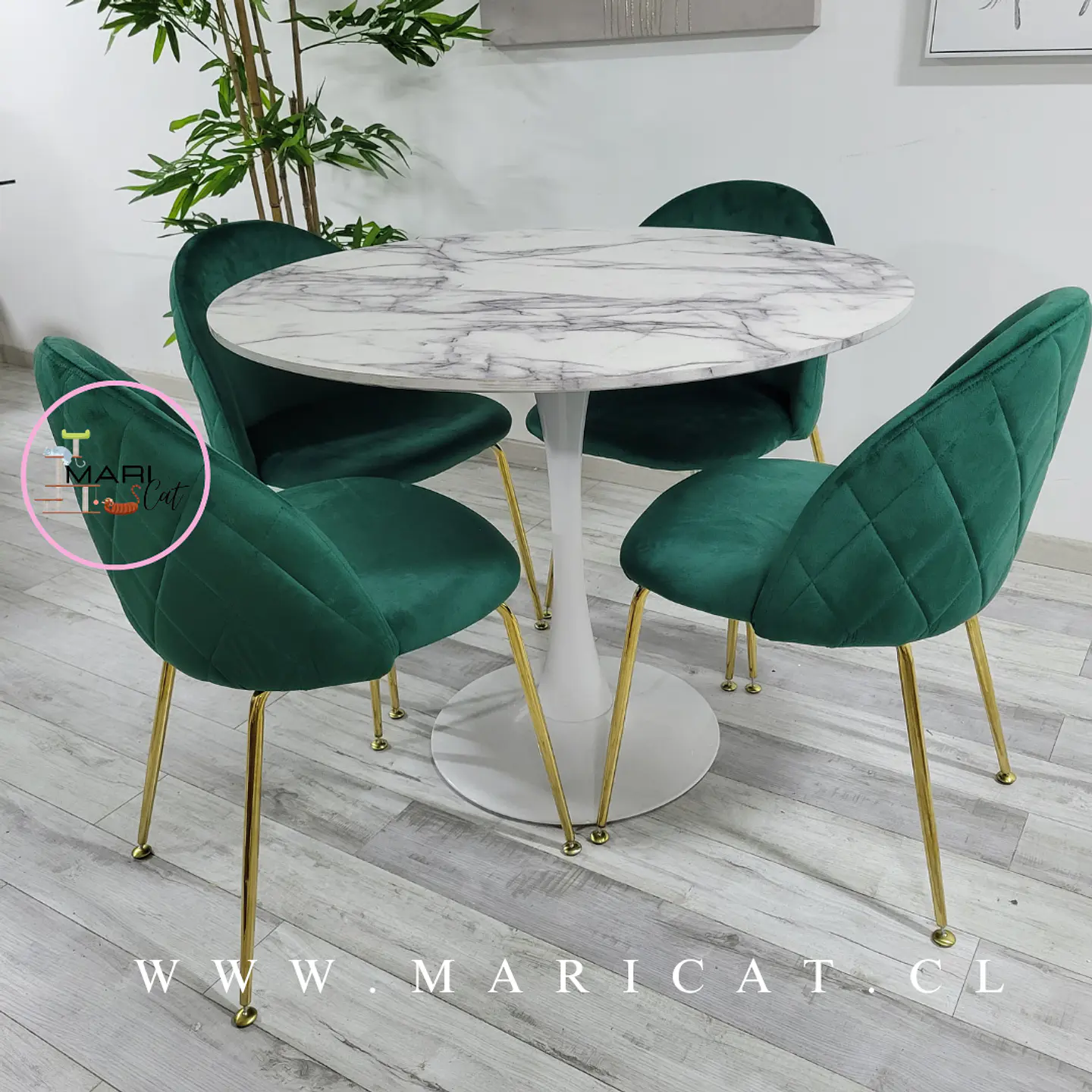 Mesa Tulip White Redonda Melamina +4 Sillas Velvet Verde Botella - Comedor 100cm 1