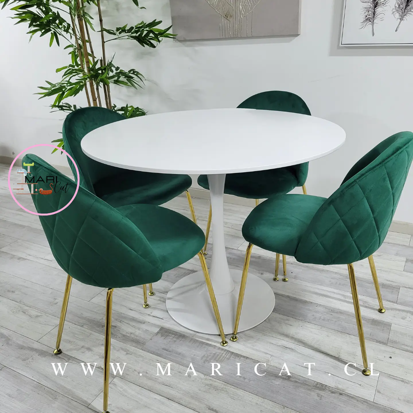 Mesa Tulip White Redonda Melamina +4 Sillas Velvet Verde Botella - Comedor 100cm 2
