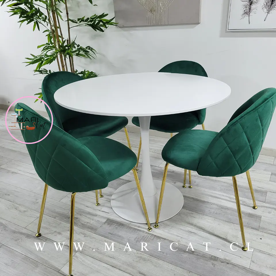 Mesa Tulip White Redonda Melamina +4 Sillas Velvet Verde Botella - Comedor 100cm 2