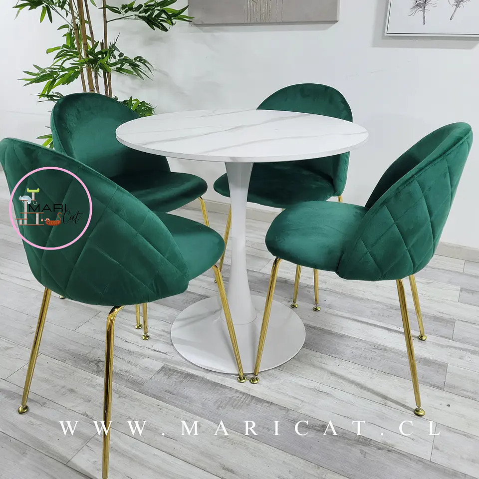 Mesa Tulip White Redonda Melamina +4 Sillas Velvet Verde Botella - Comedor 100cm 3
