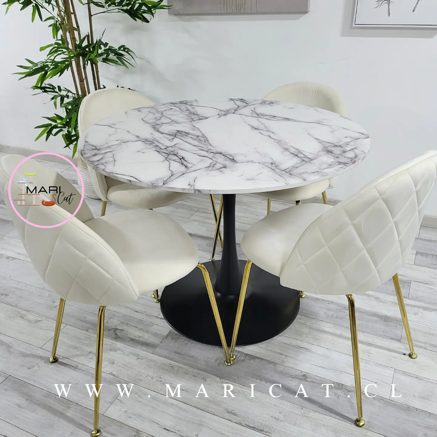 Mesa Tulip Black Redonda Melamina +4 Sillas Velvet Gold Blanco Hueso - Comedor 100cm  1