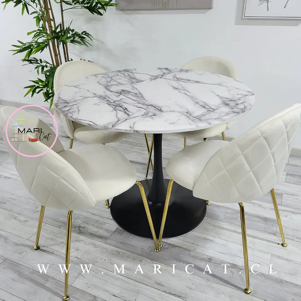 Mesa Tulip Black Redonda Melamina +4 Sillas Velvet Gold Blanco Hueso - Comedor 100cm  1