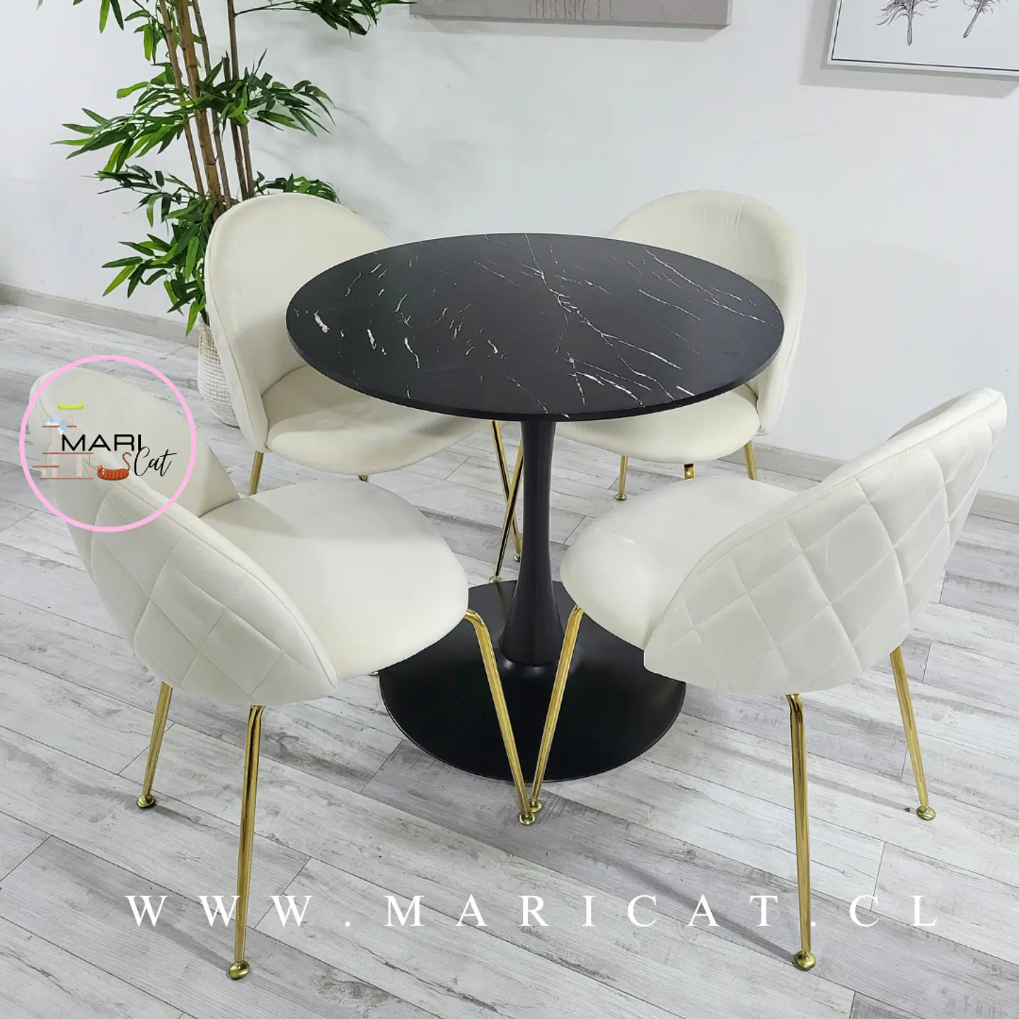 Mesa Tulip Black Redonda Melamina +4 Sillas Velvet Gold Blanco Hueso - Comedor 100cm  2