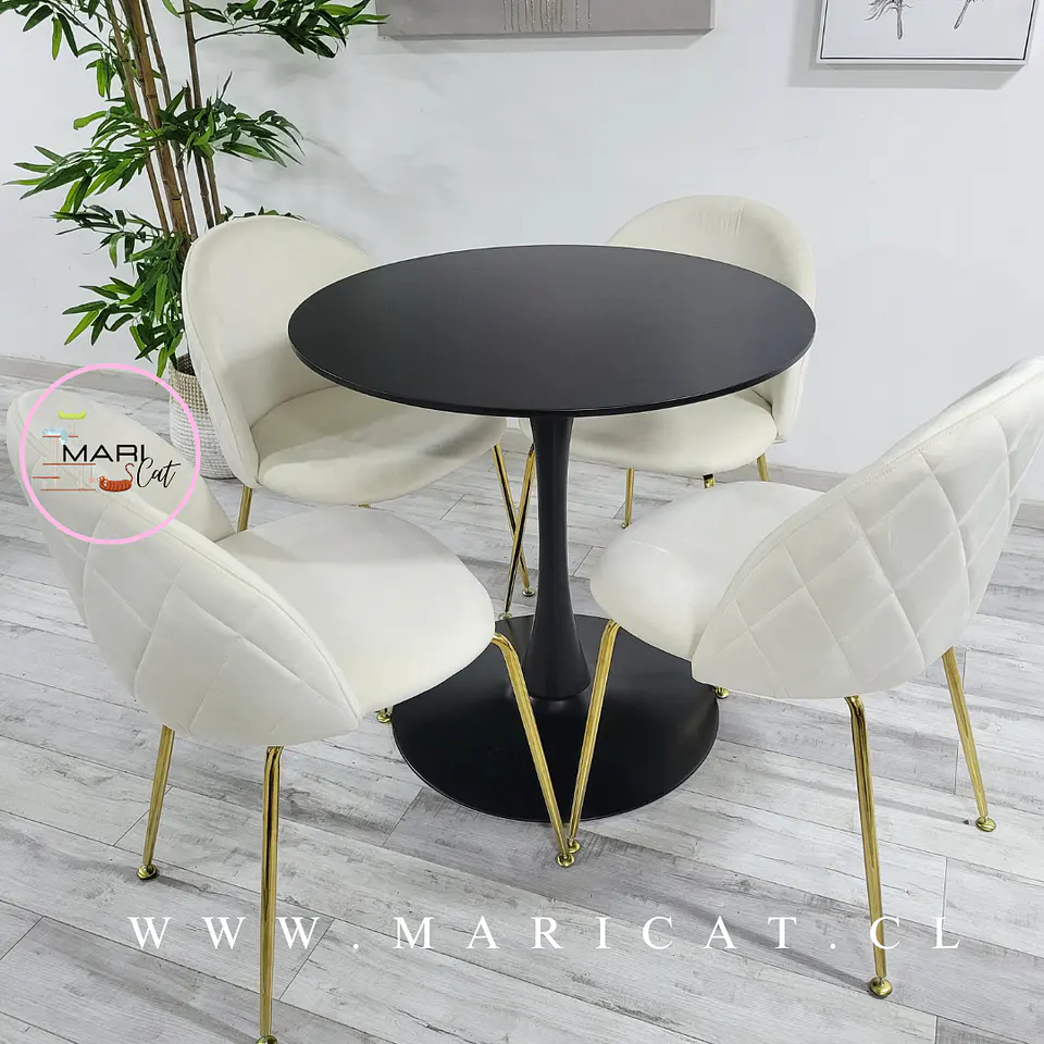 Mesa Tulip Black Redonda Melamina +4 Sillas Velvet Gold Blanco Hueso - Comedor 100cm  3