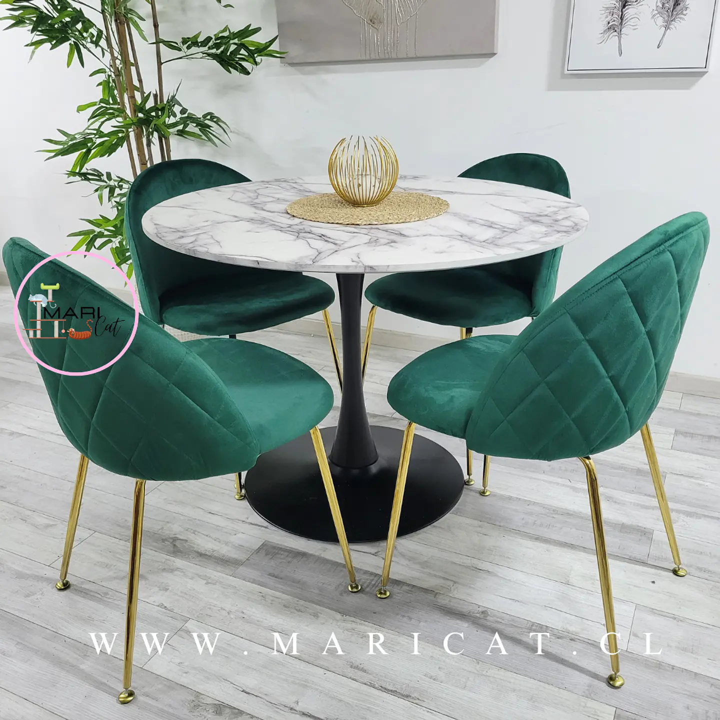 Comedor Redondo Mesa Tulip Black Melamina 100cm + 4 Sillas Velvet Gold Verde Botella 1