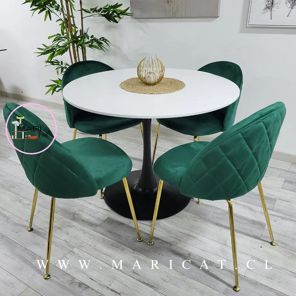 Comedor Redondo Mesa Tulip Black Melamina 100cm + 4 Sillas Velvet Gold Verde Botella 2