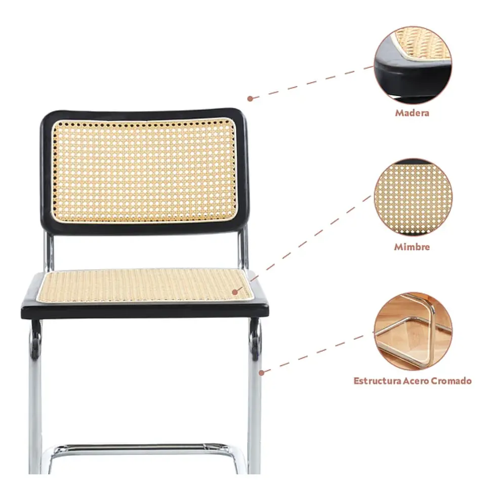 Pack de 2 Sillas Breuer de Madera y Ratán con Patas de Acero Plateado-living comedor  4