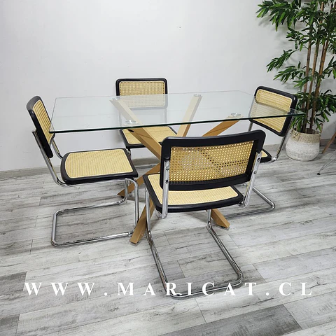 Mesa Rectangular vidrio Madrid Warwick + Silla Breuer Madera Rattan silver