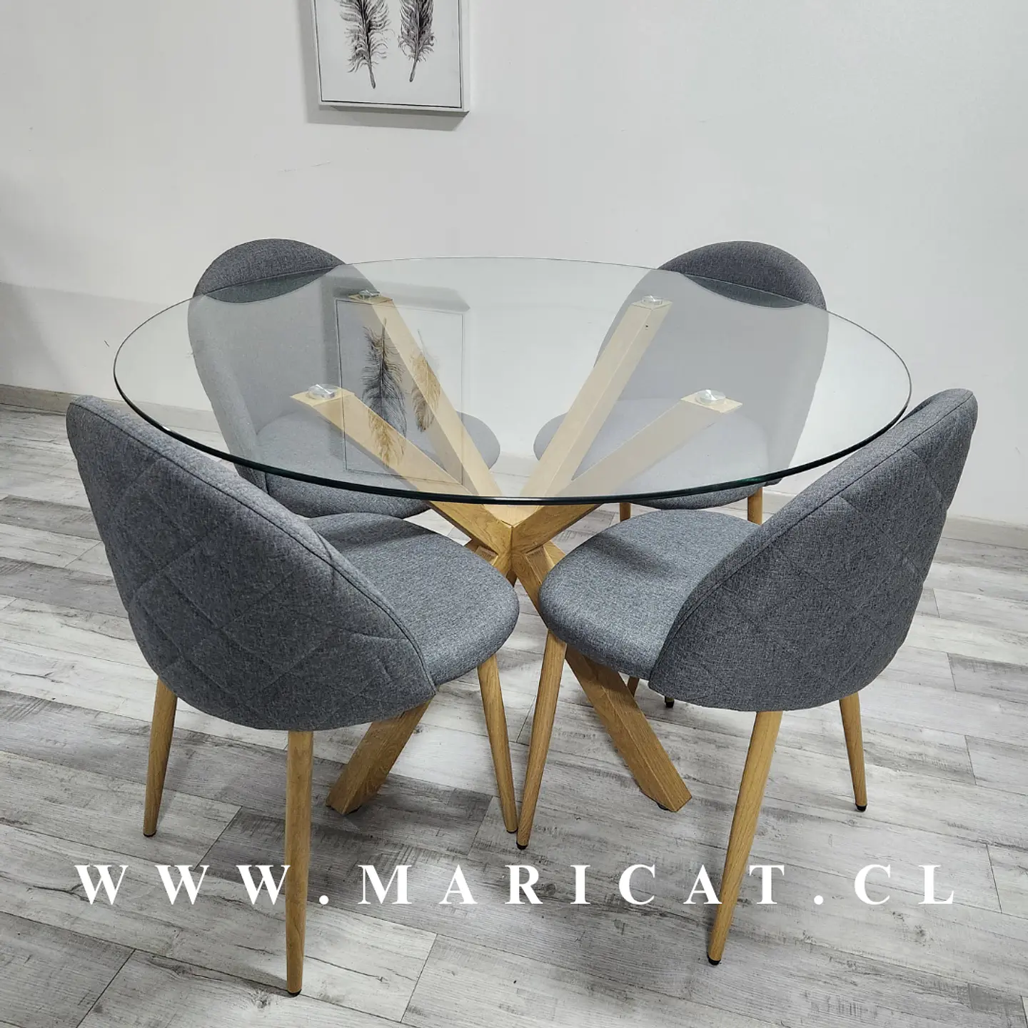 Comedor Redondo Mesa Madrid Warwick Vidrio + 4 Sillas Kana Lino 2
