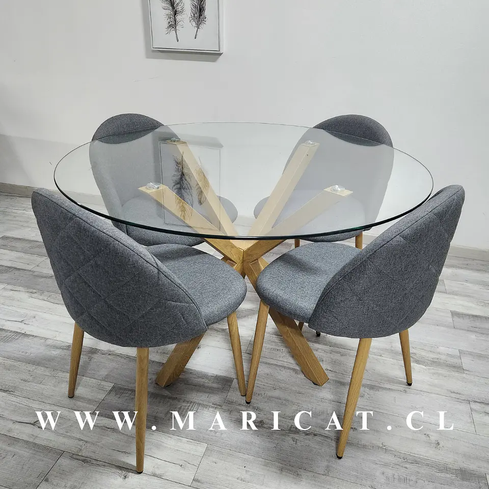 Comedor Redondo Mesa Madrid Warwick Vidrio + 4 Sillas Kana Lino 2