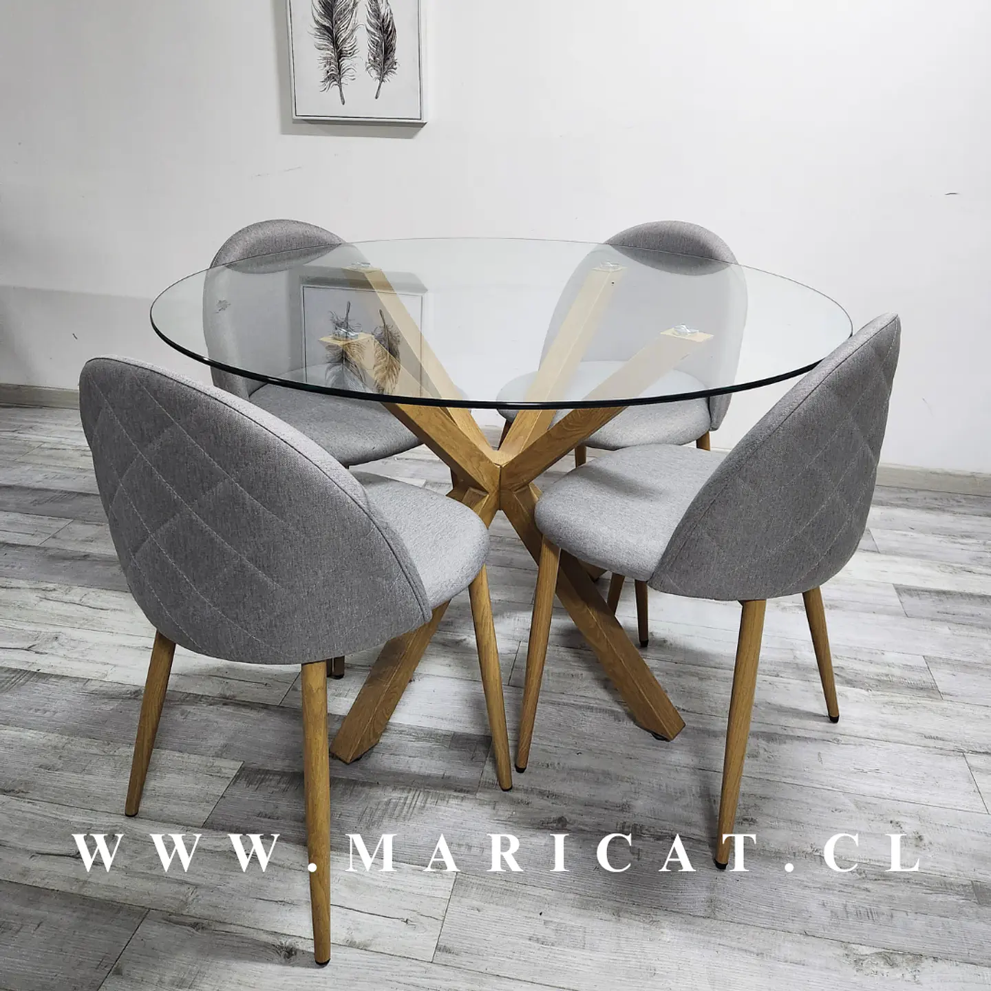 Comedor Redondo Mesa Madrid Warwick Vidrio + 4 Sillas Kana Lino 1