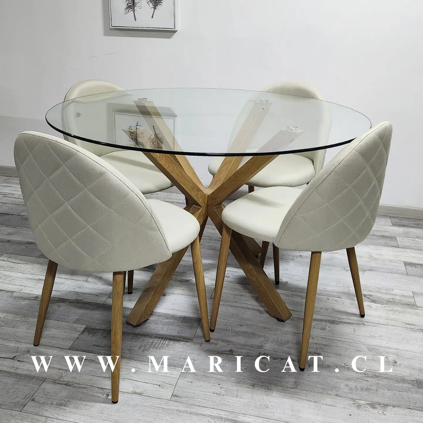 Comedor Redondo Mesa Madrid Warwick Vidrio + 4 Sillas Kana Lino 3