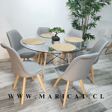 Comedor Redondo Vidrio 4 Sillas Tulip Lino – Mesa 120cm