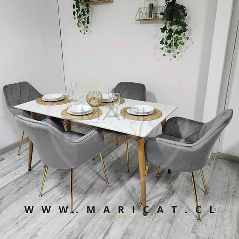 Comedor Rectangular Mármol +  4 Sitial Bagual Diamante gold – Mesa 140cm