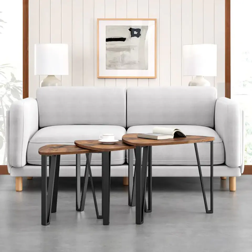 Pack de 3 Mesas de Centro Rustic Triangular de MDF con Base Metálica Negra 2