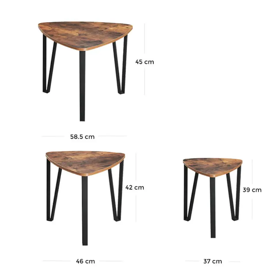 Pack de 3 Mesas de Centro Rustic Triangular de MDF con Base Metálica Negra 3