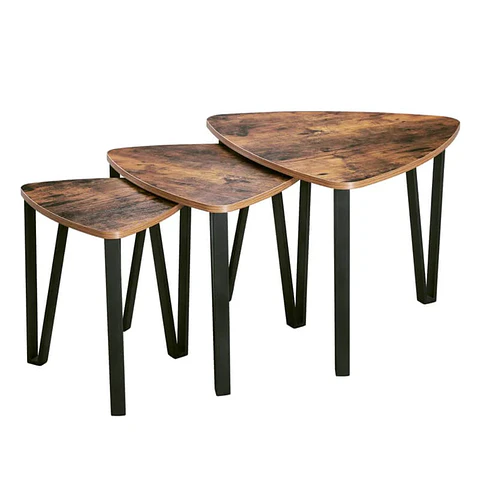Pack de 3 Mesas de Centro Rustic Triangular de MDF con Base Metálica Negra