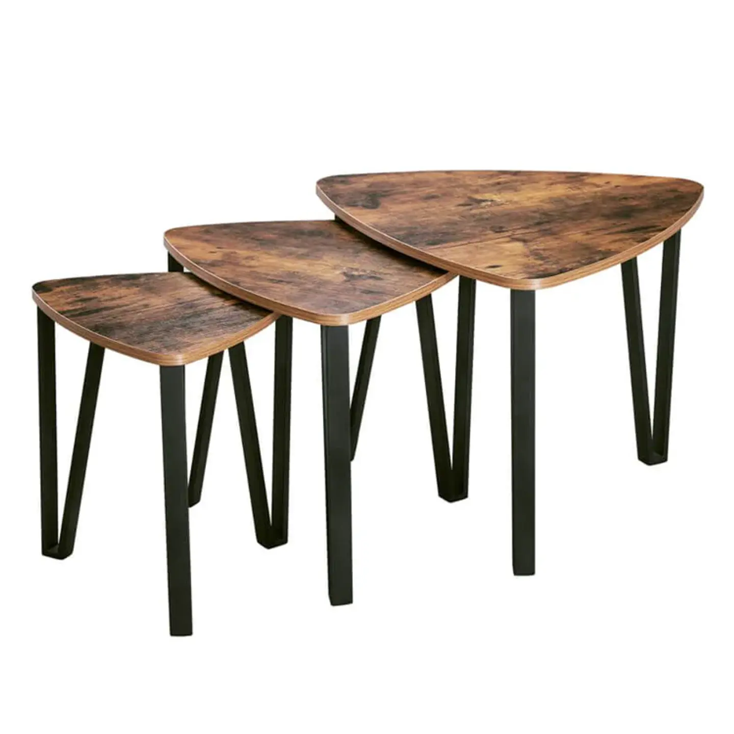 Pack de 3 Mesas de Centro Rustic Triangular de MDF con Base Metálica Negra 1