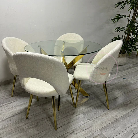 Comedor Redondo Vidrio 4 Sillas Boucle – Mesa 100cm