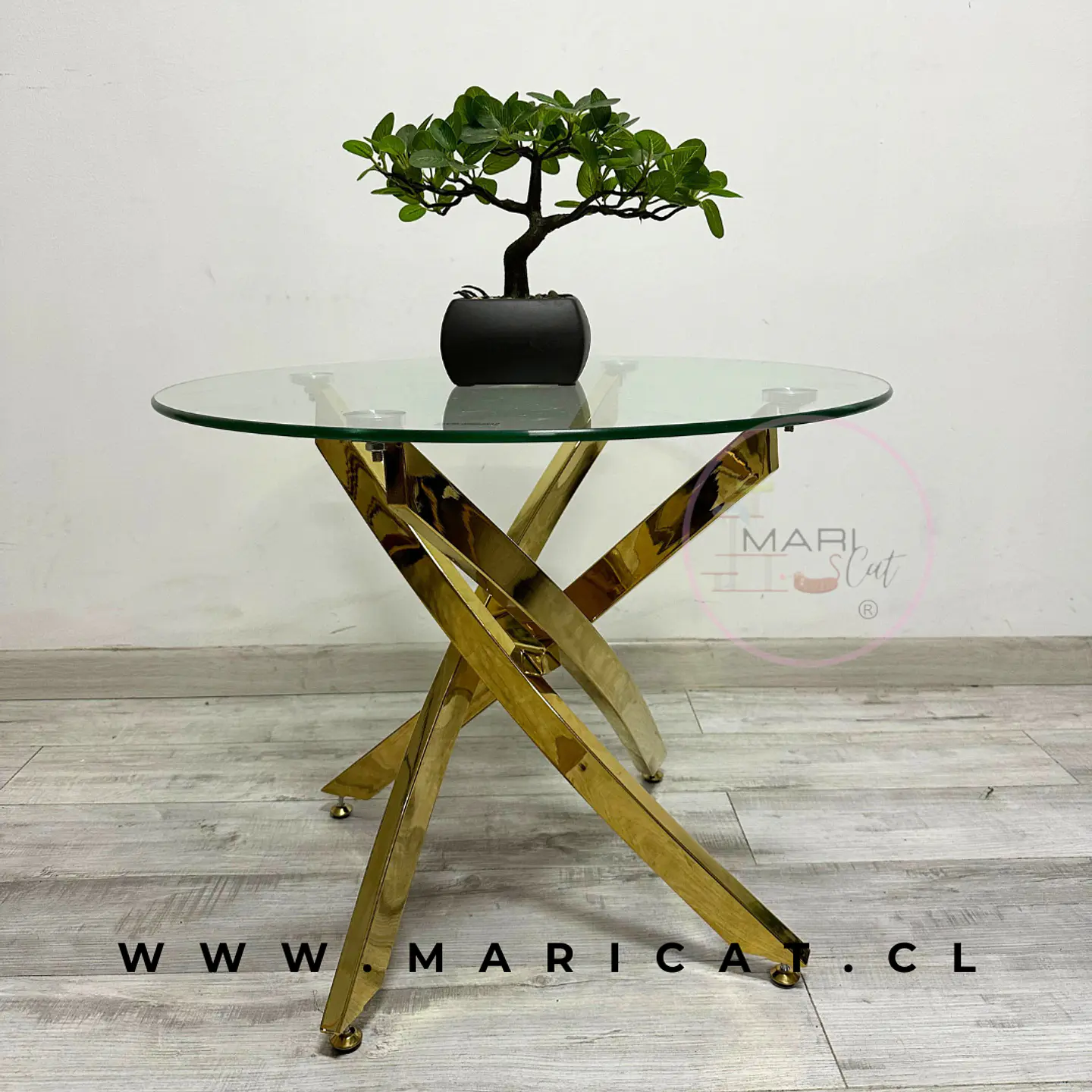 Mesa de Centro Redonda Dubai vidrio Cruzada Gold/ living recepcion oficina 3