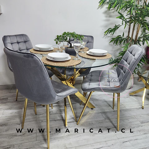 Comedor Redondo Vidrio 5 Sillas Macron Velvet – Mesa 100cm