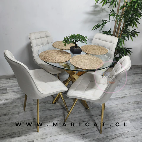Comedor Redondo Vidrio 5 Sillas Macron Velvet – Mesa 100cm