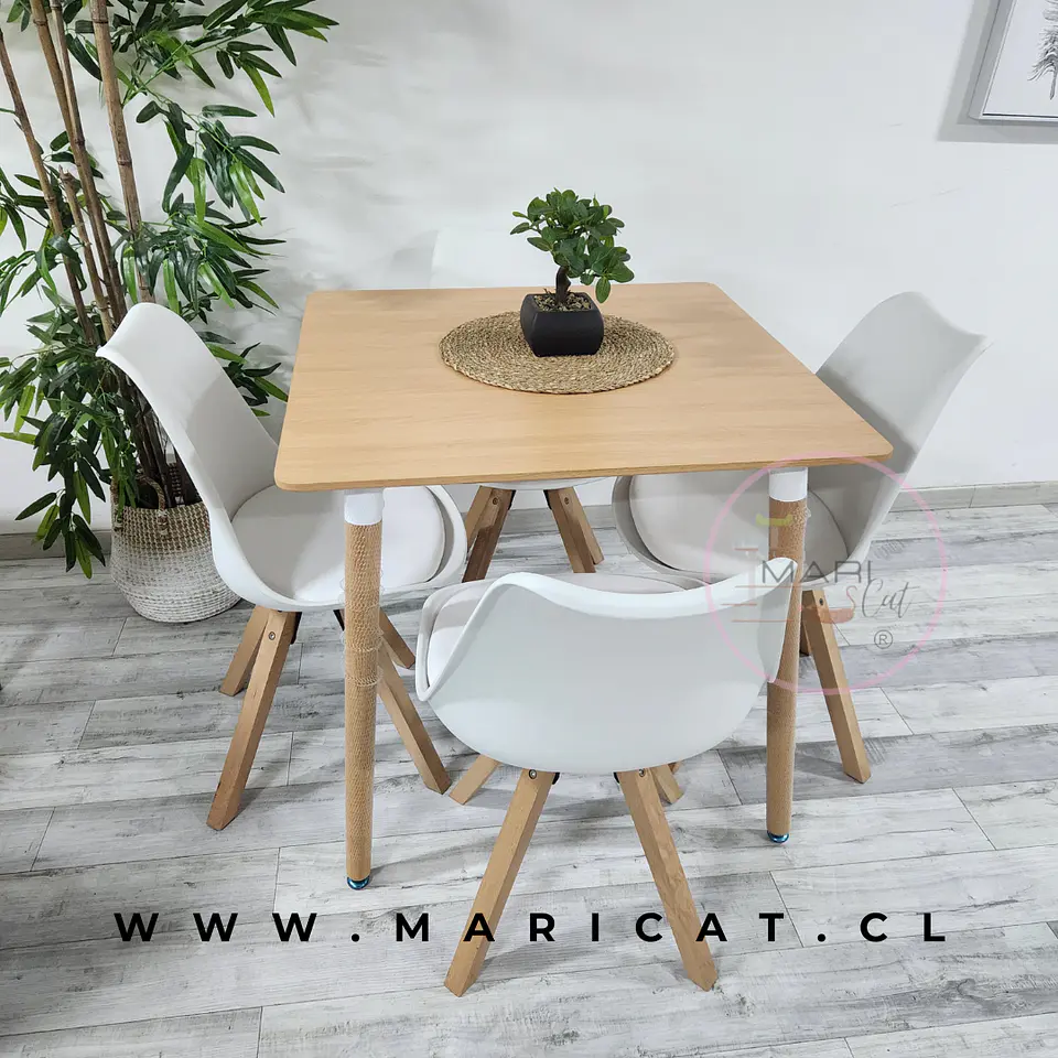 Comedor Mesa eames Cuadrado wood + 4 Sillas Tulip Nordic con cojin 2
