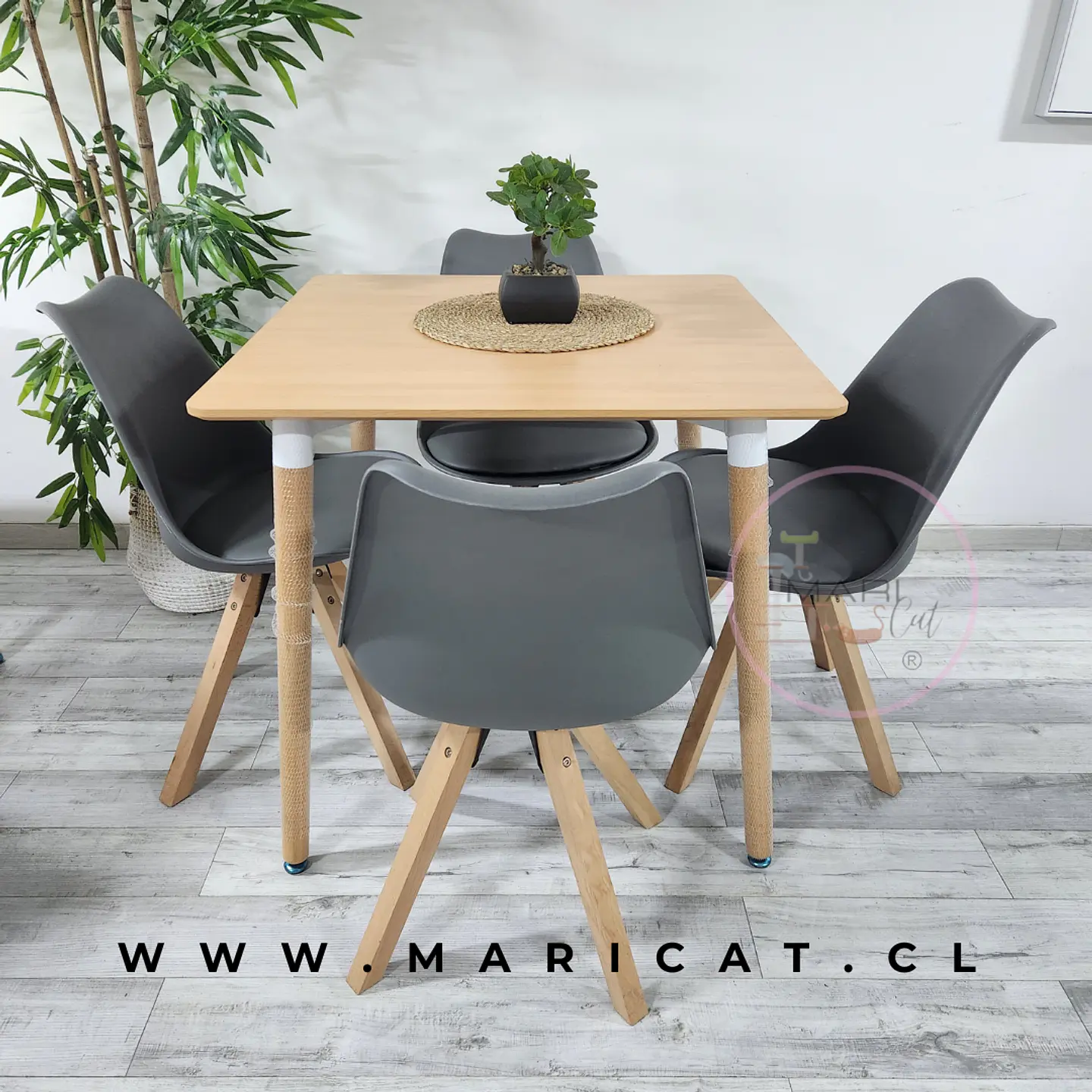Comedor Mesa eames Cuadrado wood + 4 Sillas Tulip Nordic con cojin 4