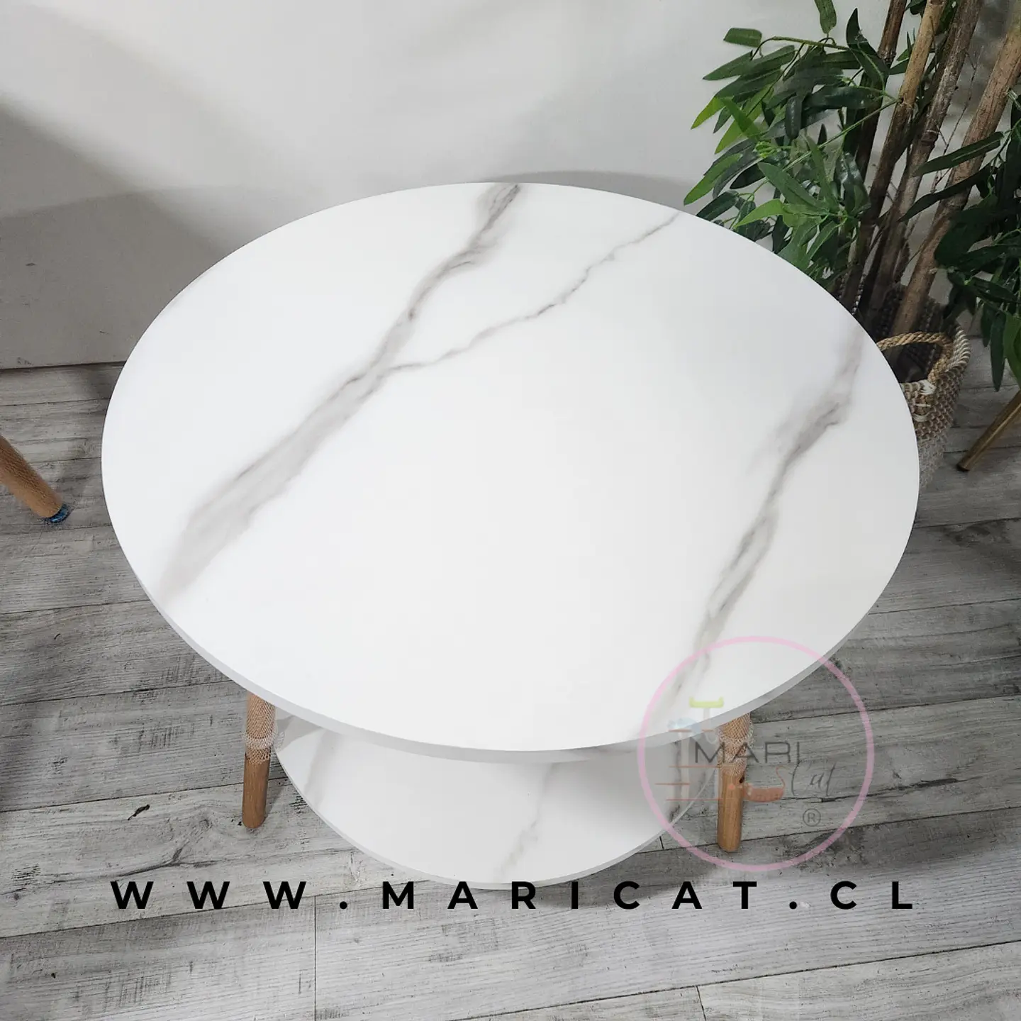 Mesa de Centro MDF Mármol Blanco 2 Niveles estructura Madera Natural- Living recepcion oficinas 5