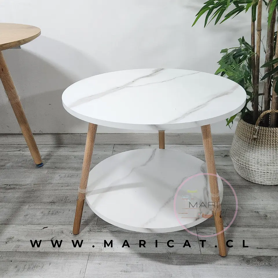 Mesa de Centro MDF Mármol Blanco 2 Niveles estructura Madera Natural- Living recepcion oficinas 3