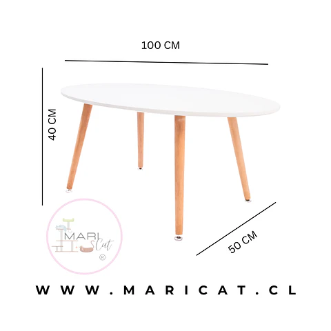 Mesa de Centro Ovalada Blanca de Melamina con Patas de Madera Natural