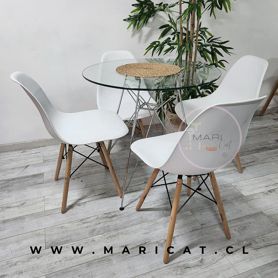 Comedor Redondo Mesa Eames Eiffel Vidrio + 4 Sillas Eames 1